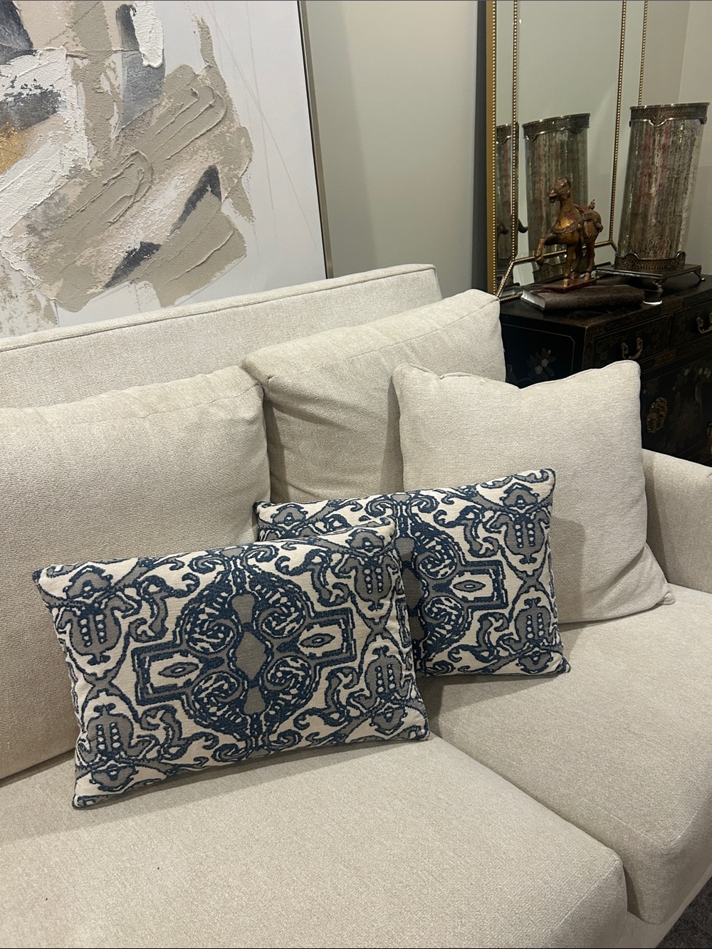 Blue and Cream m, gray Patterned Accent Pillow Pair - Designer Home Accents